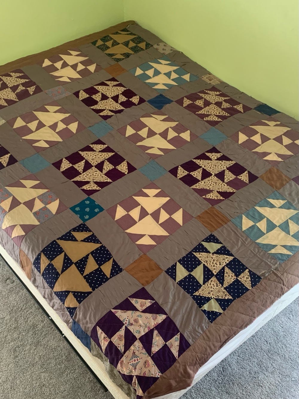 Vintage Handmade Quilt Old Maids Puzzle Patchwork Cotton Sateen